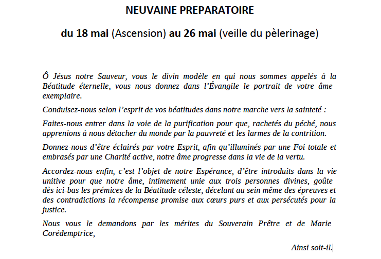 Neuvaine préparatoire du pèlerinage de Pentecôte 2023